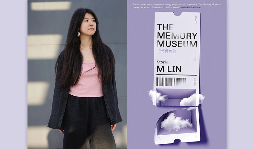 diptych with a portrait of the woman to the left of the cover of her book